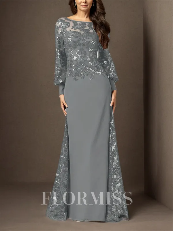 Sheath Bateau Long Sleeves Sequin Floor-Length Chiffon Mother of the Bride Dress