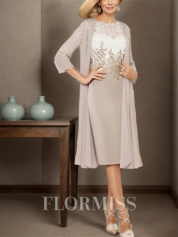 Sheath Bateau 3/4 Sleeves Applique Tea-Length Chiffon Mother of the Bride Dress