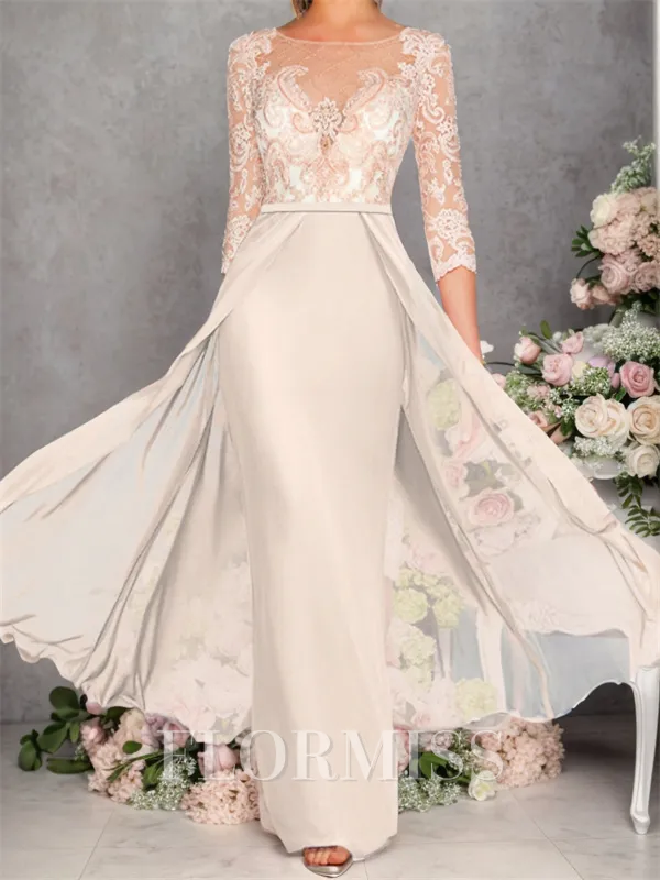 Sheath Bateau 3/4 Sleeves Applique Floor-Length Satin Chiffon Mother of the Bride Dress