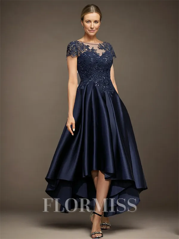 A-line Bateau Short Sleeves Applique Asymmetrical Satin Mother of the Bride Dress