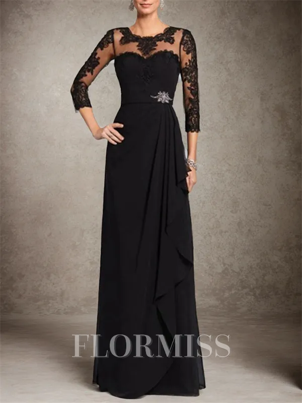 A-line Bateau 3/4 Sleeves Ruffles Floor-Length Chiffon Mother of the Bride Dress