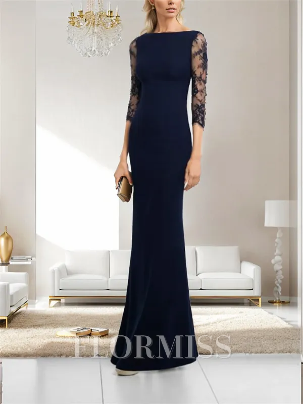 Sheath Bateau 3/4 Sleeves Applique Floor-Length Stretch Crepe Mother of the Bride Dress