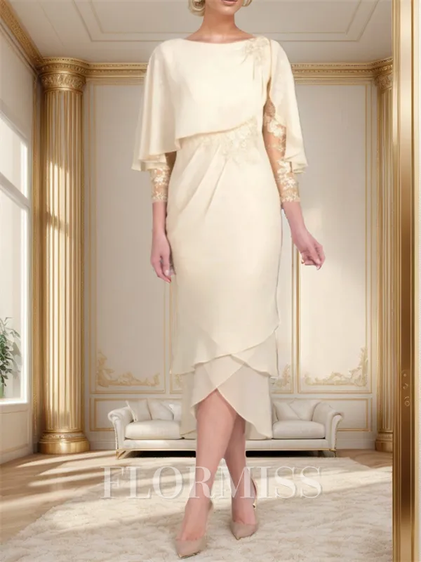 Sheath Bateau 3/4 Sleeves Applique Tea-Length Chiffon Mother of the Bride Dress