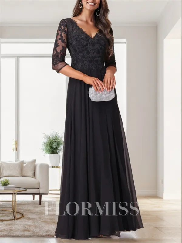 A-line V-neck 3/4 Sleeves Ruffles Floor-Length Chiffon Mother of the Bride Dress