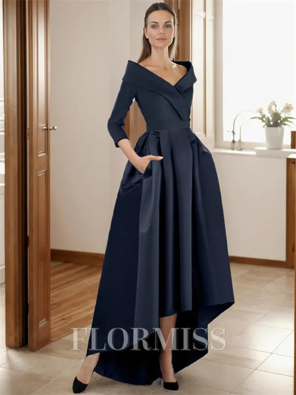 A-line V-neck 3/4 Sleeves Pleated Asymmetrical Satin Mother of the Bride Dress