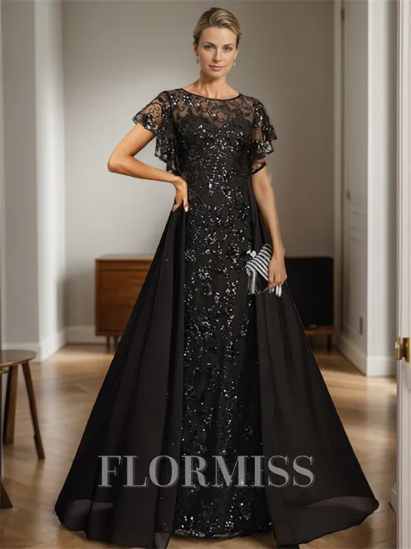 A-line Bateau Short Sleeves Sequin Floor-Length Chiffon Mother of the Bride Dress