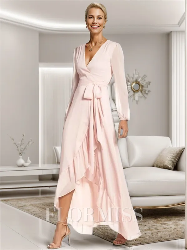A-line V-neck Long Sleeves Ruffles Asymmetrical Satin Chiffon Mother of the Bride Dress