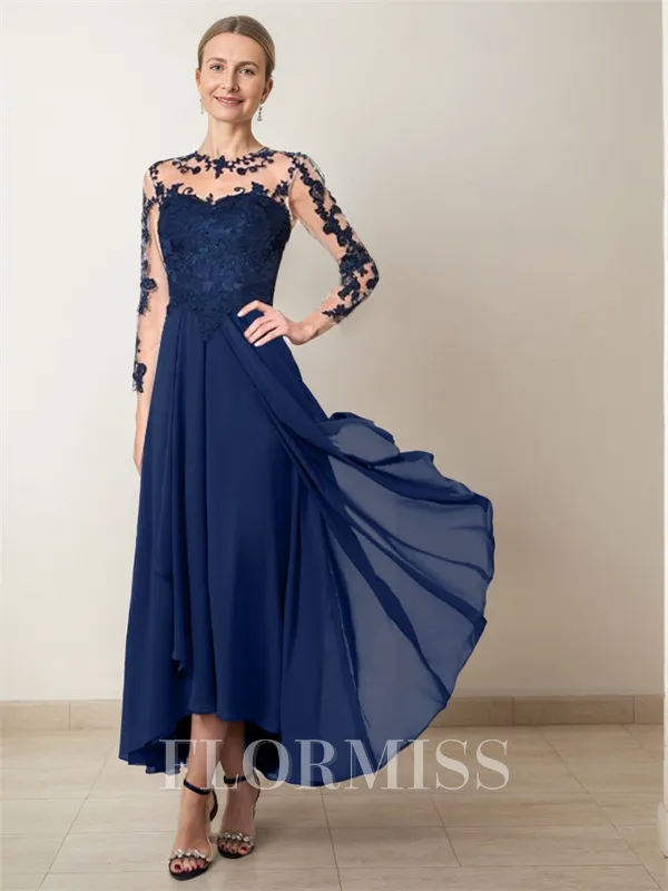 A-line Illusion 3/4 Sleeves Ruffles Asymmetrical Chiffon Mother of the Bride Dress