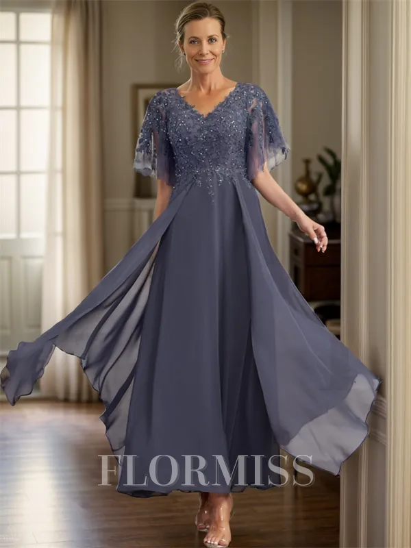 A-line V-neck Short Sleeves Ruffles Ankle-Length Chiffon Mother of the Bride Dress