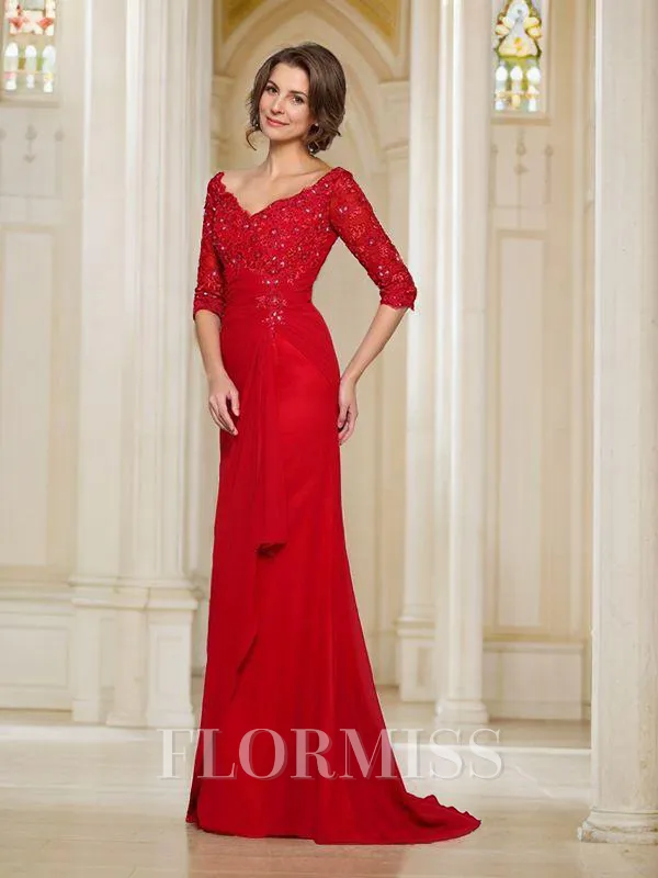 A-Line/Princess V-neck Sweep Train Chiffon Mother of the Bride Dresses With Appliques Lace