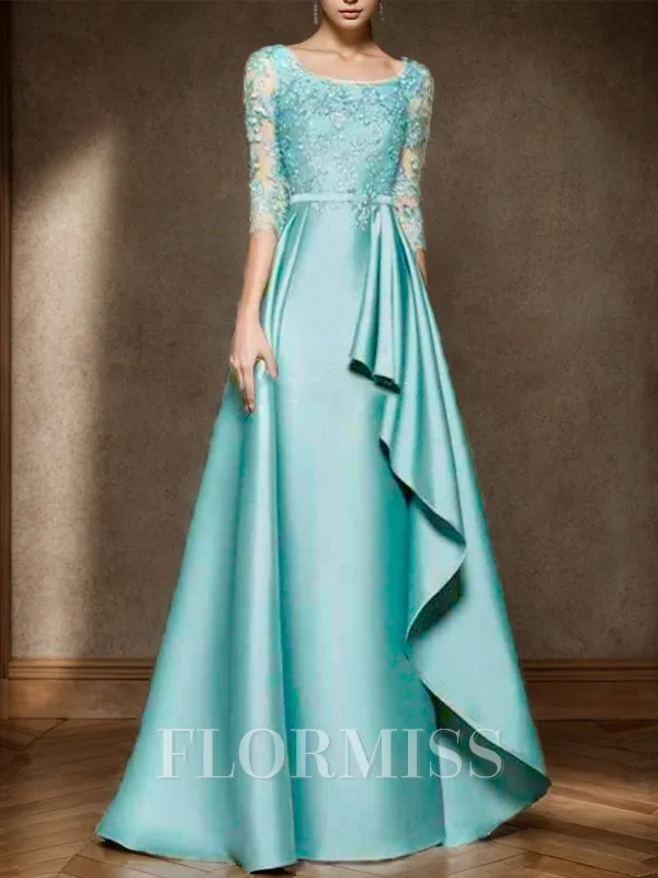 A-line Scoop 3/4 Sleeves Ruffles Floor-Length Satin Mother of the Bride Dress