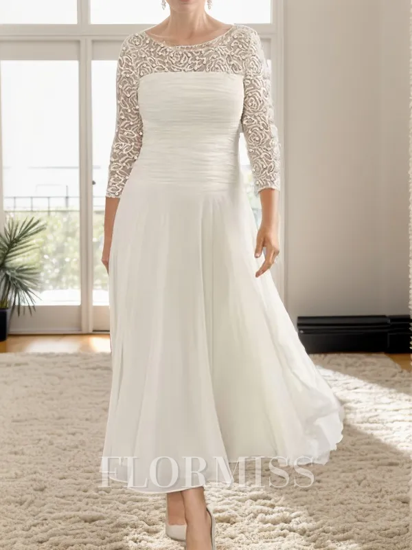 A-line/Princess Scoop 3/4 Sleeves Tea-Length Chiffon Mother of the Bride Dress