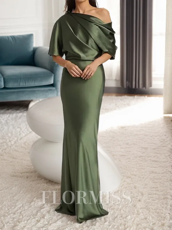 Sheath/Column One-Shoulder 1/2 Sleeves Floor-Length Silk Like Satin Mother of the Bride Dress