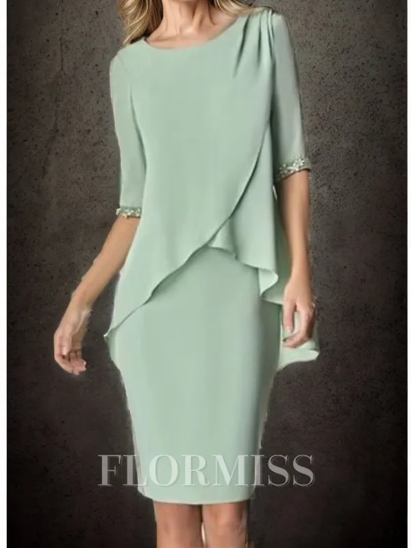 Sheath/Column Chiffon Scoop 1/2 Sleeves Knee-Length Mother of the Bride Dress
