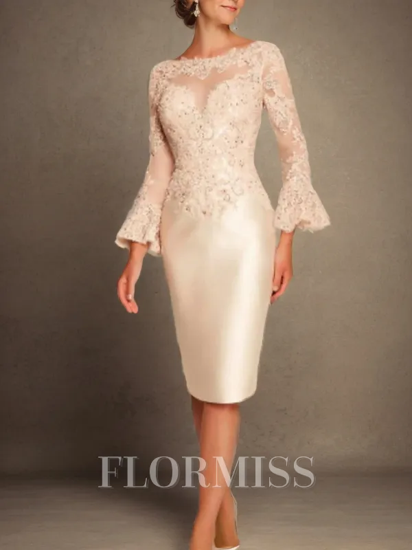 Sheath/Column Satin Applique Scoop Long Sleeves Knee-Length Mother of the Bride Dress