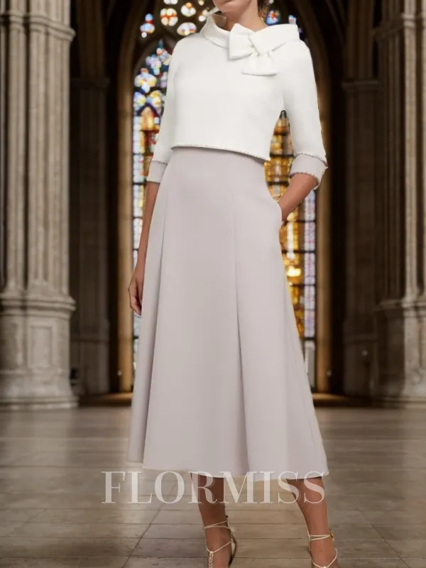 A-Line/Princess Stretch Crepe Bowknot Scoop 1/2 Sleeves Tea-Length Mother of the Bride Dress