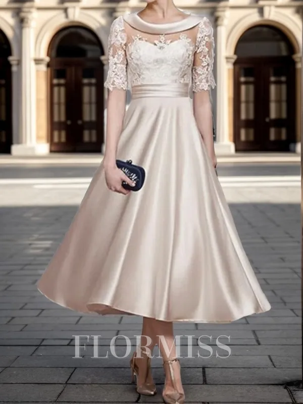A-Line/Princess Satin Applique Scoop 1/2 Sleeves Tea-Length Mother of the Bride Dress