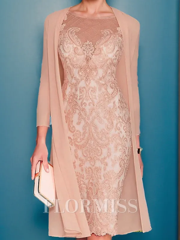 Sheath/Column Chiffon Applique Scoop 3/4 Sleeves Knee-Length Mother of the Bride Dress