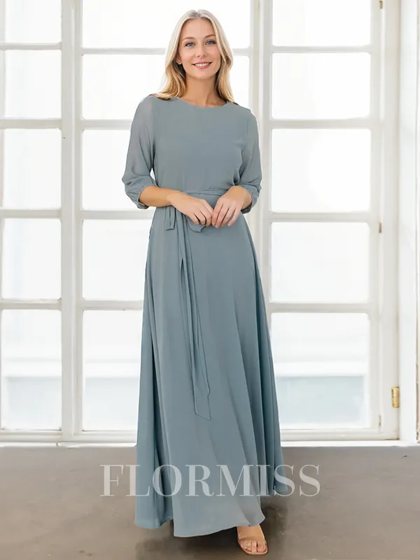 A-line/Princess Bateau Floor-Length Chiffon 3/4 Sleeves Keyhole Mother of the Bride Dresses
