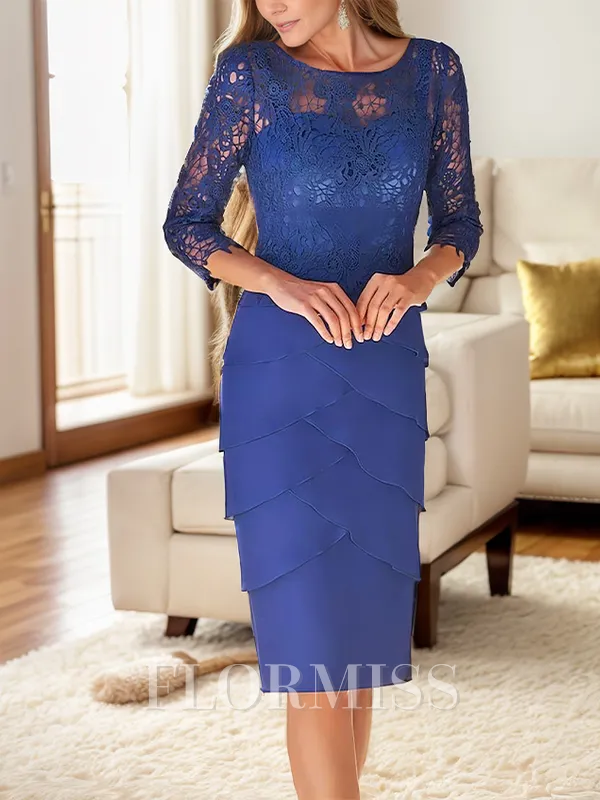 Sheath/Column Bateau Knee-Length Satin Chiffon 3/4 Sleeves Mother of the Bride Dresses