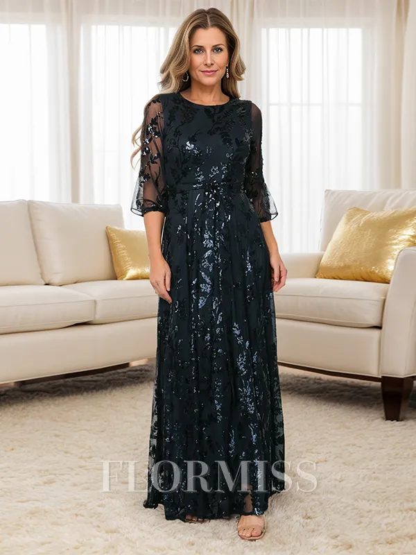 A-line/Princess Bateau Floor-Length 3/4 Sleeves Keyhole Mother of the Bride Dresses