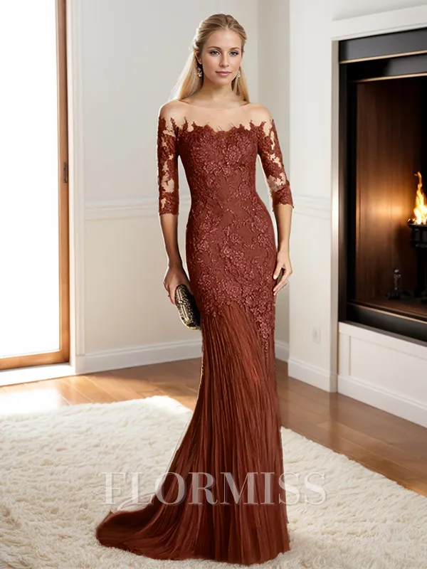 Trumpet/Mermaid Sheer Neck Sweep Train Tulle 3/4 Sleeves Back Zip Mother of the Bride Dresses