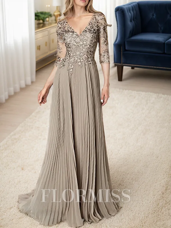 A-line/Princess V-neck Floor-Length Chiffon 3/4 Sleeves Covered Button Mother of the Bride Dresses