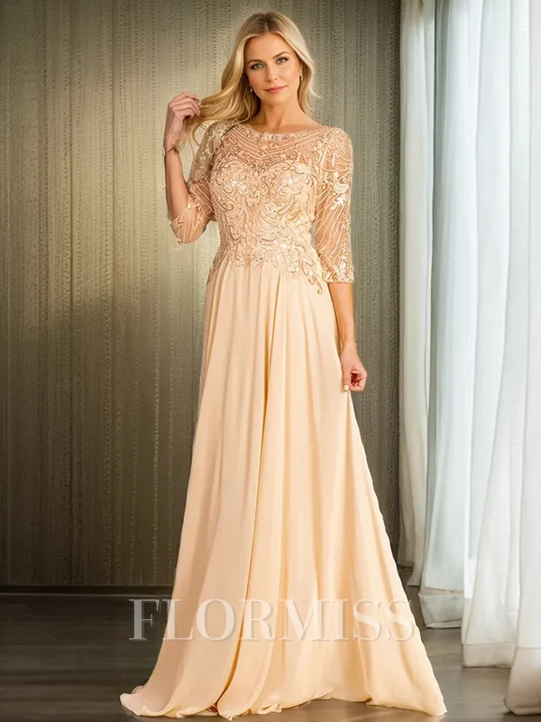 A-line/Princess Bateau Sweep Train Chiffon 3/4 Sleeves Back Zip Mother of the Bride Dresses
