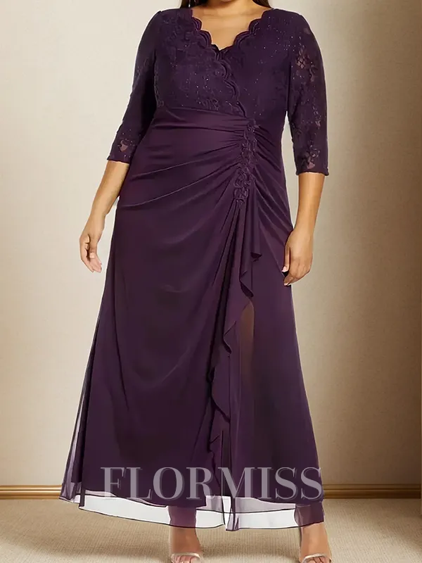A-line/Princess 30D Chiffon V-neck Long Sleeves Ankle-Length Mother of the Bride Dress