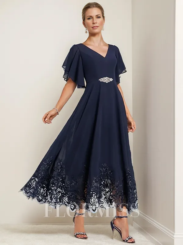 A-line/Princess Chiffon V-neck 1/2 Sleeves Ankle-Length Mother of the Bride Dress