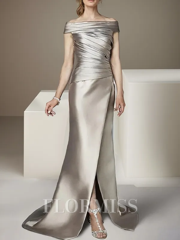 Sheath/Column Satin Off-the-Shoulder Sleeveless Sweep-Train Mother of the Bride Dress