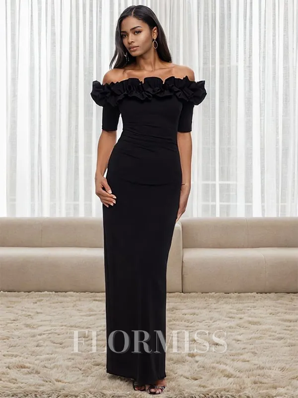 Sheath/Column Stretch Crepe Off-the-Shoulder 1/2 Sleeves Floor-Length Mother of the Bride Dress