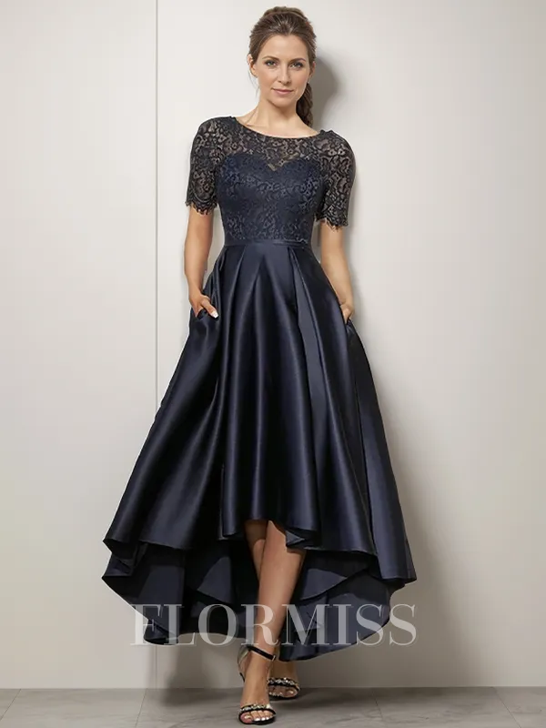 A-line/Princess Satin Scoop Short Sleeves Asymmetrical Mother of the Bride Dress