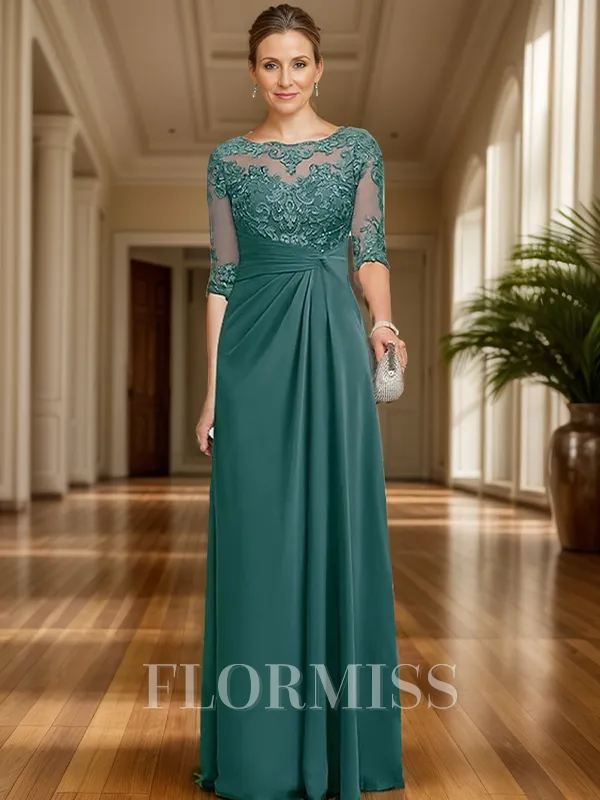 A-line/Princess Chiffon Scoop 1/2 Sleeves Floor-Length Mother of the Bride Dress