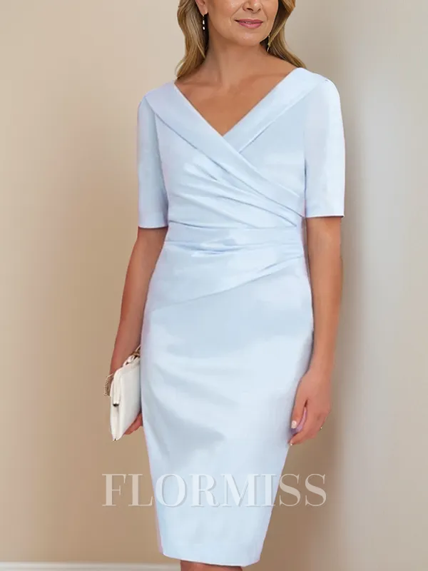 Sheath/Column Satin V-neck 1/2 Sleeves Knee-Length Mother of the Bride Dress