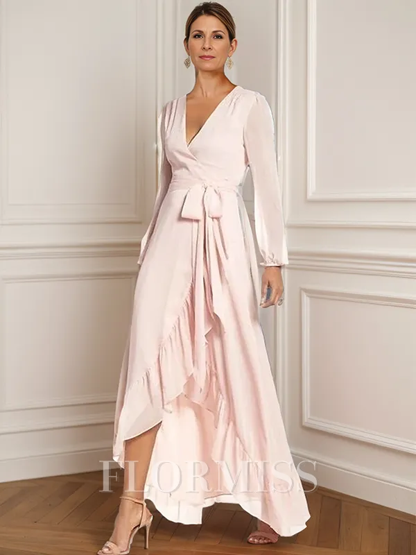 A-line/Princess Satin Chiffon V-neck Long Sleeves Asymmetrical Mother of the Bride Dress