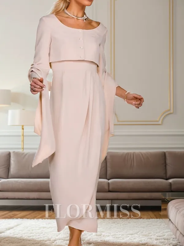 Sheath/Column Stretch Crepe Scoop 3/4 Sleeves Ankle-Length Mother of the Bride Dress