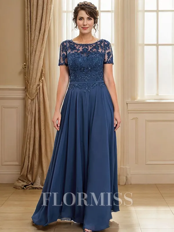 A-line Scoop Short Sleeves Appliques Lace Floor-Length Chiffon Mother of the Bride Dress