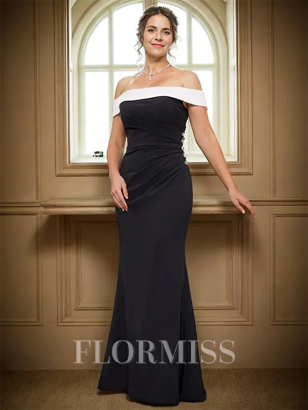 Sheath Off-the-Shoulder Floor-Length Stretch Crepe Mother of the Bride Dress