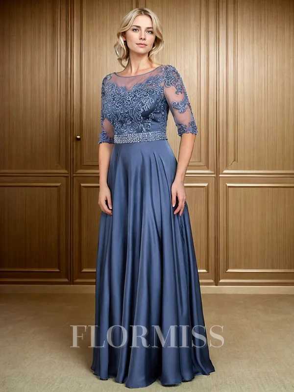 A-line Scoop 1/2 Sleeves Appliques Lace Floor-Length Satin Chiffon Mother of the Bride Dress