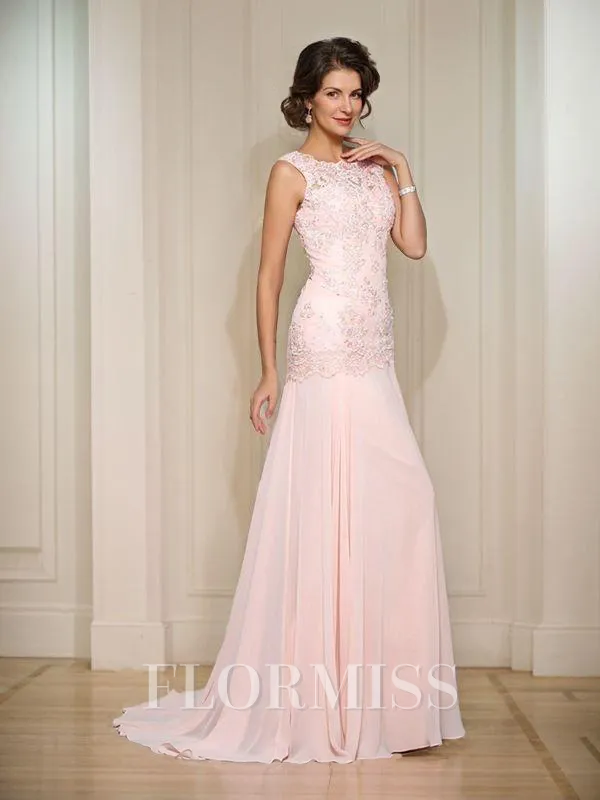 Trumpet/Mermaid Scoop Sweep Train Chiffon Mother of the Bride Dresses With Beading