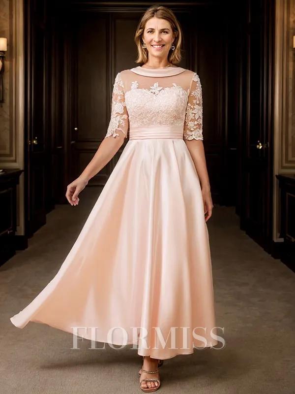 A-line Scoop 1/2 Sleeves Appliques Lace Ankle-Length Satin Mother of the Bride Dress