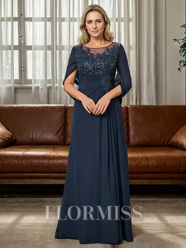 A-line Scoop Appliques Lace Floor-Length Chiffon Mother of the Bride Dress