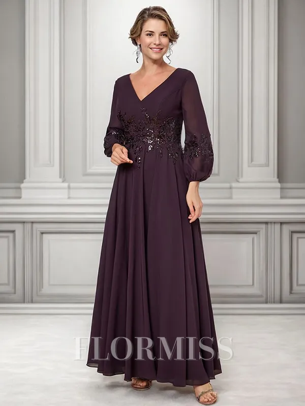 A-line V-neck Long Sleeves Appliques Lace Ankle-Length Chiffon Mother of the Bride Dress