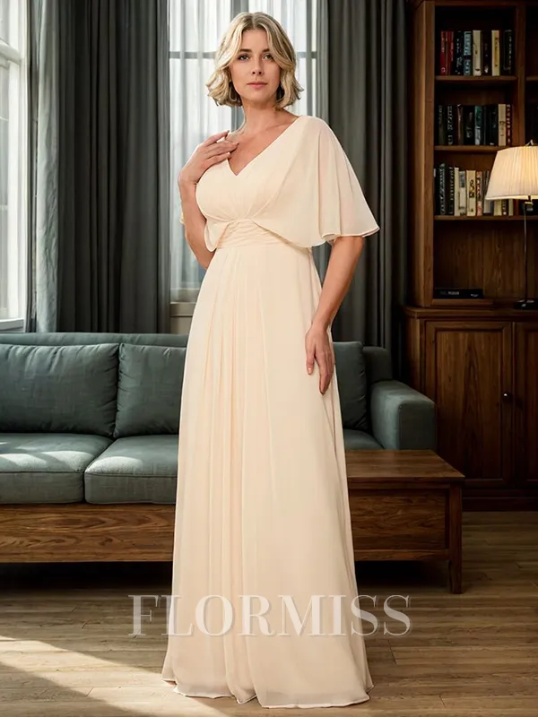 A-line V-neck 1/2 Sleeves Pleated Floor-Length Chiffon Mother of the Bride Dress