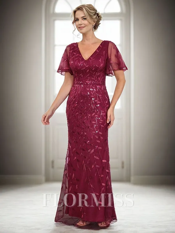 Sheath V-neck Short Sleeves Floor-Length Lace Mother of the Bride Dress