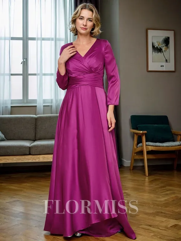 A-line V-neck 3/4 Sleeves Pleated Floor-Length Satin Chiffon Mother of the Bride Dress