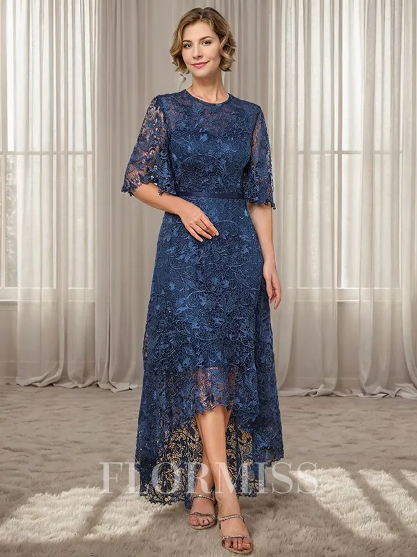 A-line Scoop 1/2 Sleeves Asymmetrical Lace Mother of the Bride Dress