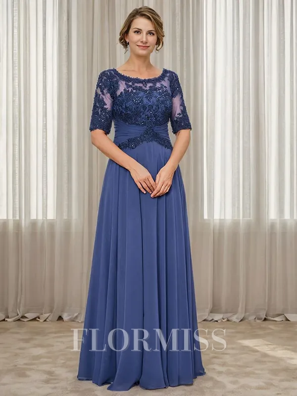 A-line Scoop 1/2 Sleeves Appliques Lace Floor-Length Chiffon Mother of the Bride Dress