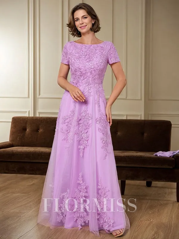A-line Scoop Short Sleeves Appliques Lace Floor-Length Tulle Mother of the Bride Dress